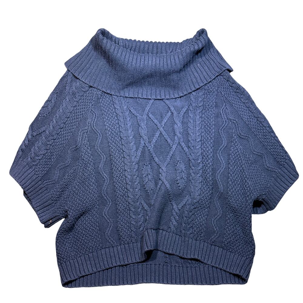 White House Black Market Sweater Small Blue Cable Knit Turtleneck Short Sleeve